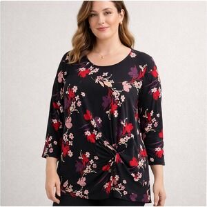 Liz Claiborne Plus Size Womens 3X Black Floral Twist Front Tunic Top Office